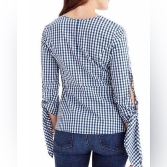 J Crew x Universal Standard Gingham Tie Sleeve Peplum Top - Picture 2 of 9